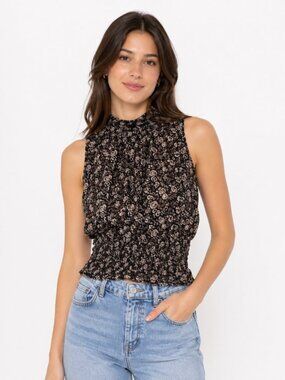 Sleeveless Mock Neck Smocked Waist Floral Top - Black & Cream, Size S